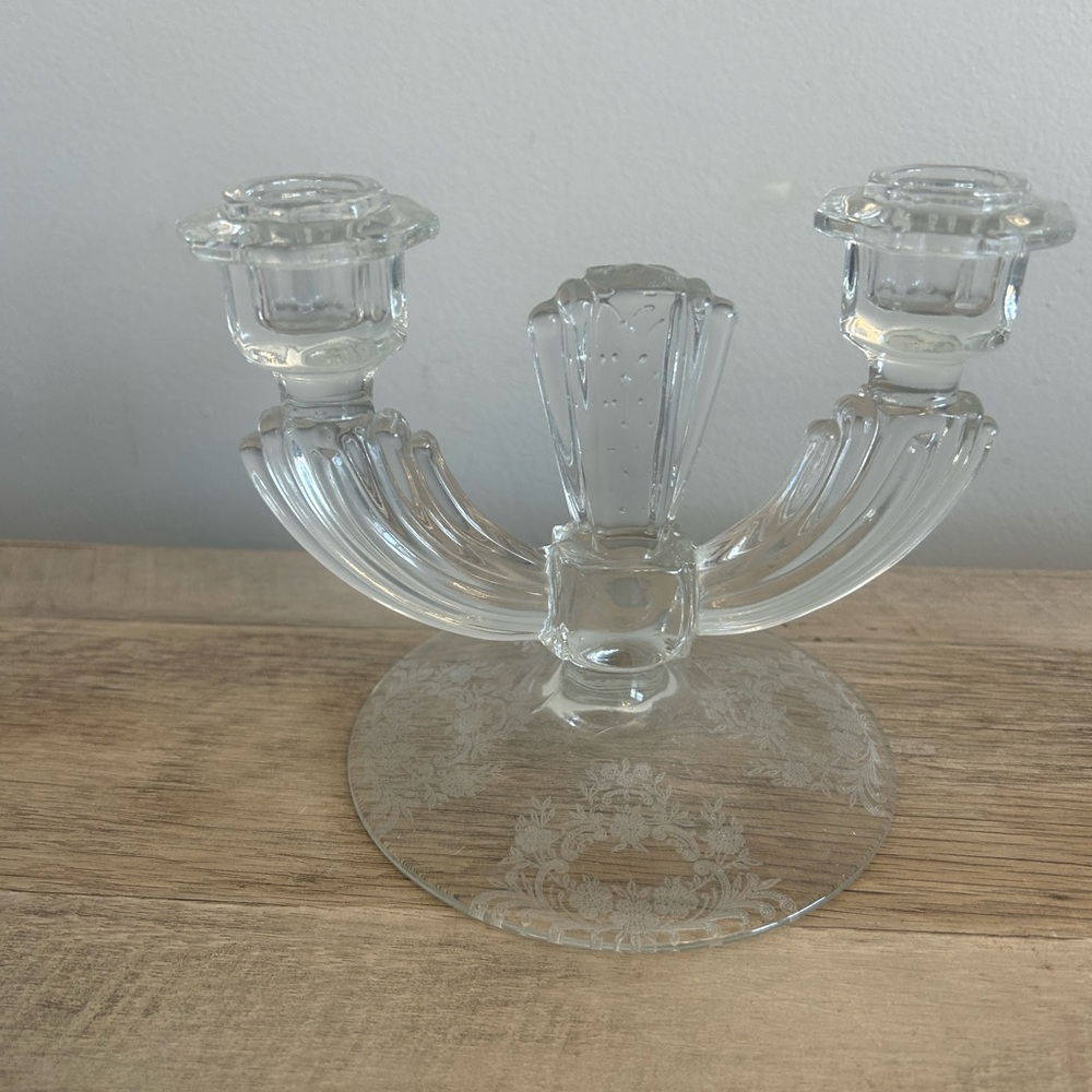 Vintage tiffin Williamsburg Double Candle Holder Etched Embossed Art Deco 1930’s